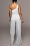 Rose Red Casual Solid Patchwork Oblique Collar Straight Jumpsuits