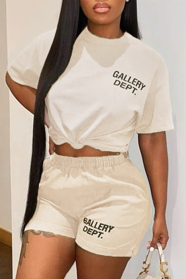 Khaki Casual Print Letter O Neck Short Sleeve Two Pieces