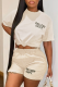 Khaki Casual Print Letter O Neck Short Sleeve Two Pieces
