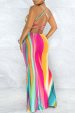 Multicolor Fashion Sexy Print Backless Spaghetti Strap Long Dress
