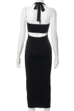 Apricot Sexy Solid Hollowed Out Halter Pencil Skirt Dresses