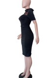 Blue Work Solid Patchwork With Bow O Neck One Step Skirt Dresses