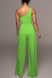 Rose Red Casual Solid Patchwork Oblique Collar Straight Jumpsuits