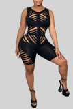Black Sexy Solid Hollowed Out Patchwork O Neck Skinny Rompers