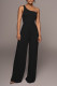 Black Casual Solid Patchwork Oblique Collar Straight Jumpsuits