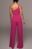 Rose Red Casual Solid Patchwork Oblique Collar Straight Jumpsuits