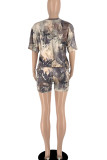 Khaki Casual Print Patchwork O Neck Short Sleeve Two Pieces