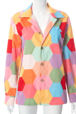 Colour Casual Print Patchwork Turndown Collar Tops