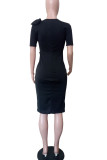 Blue Work Solid Patchwork With Bow O Neck One Step Skirt Dresses