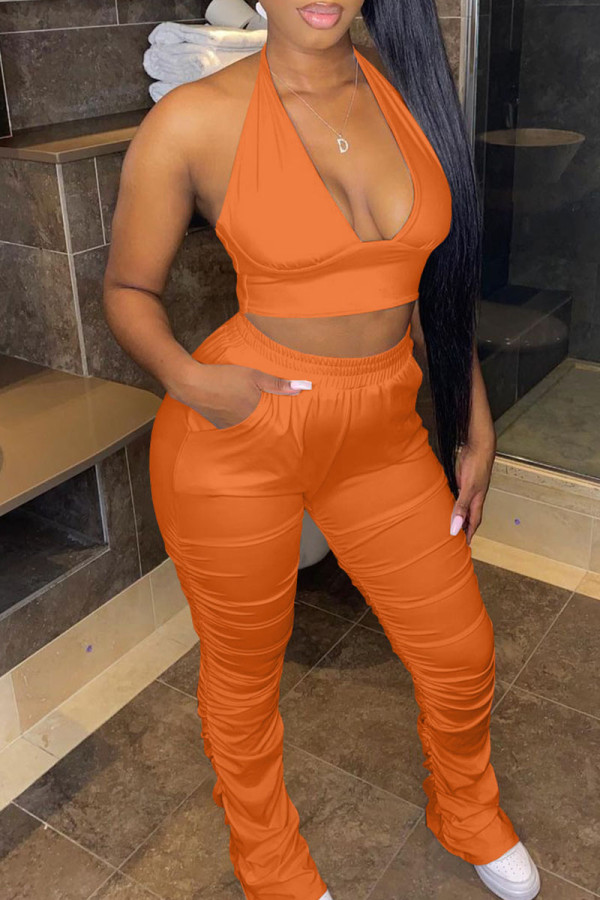 Tangerine Red Sexy Solid Patchwork Fold Halter Sleeveless Two Pieces