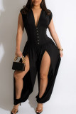 Brownness Sexy Solid Hollowed Out Patchwork V Neck Regular Jumpsuits