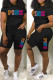 Black Fashion Casual Letter Print Patchwork O Neck Short Sleeve Two Pieces