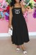 Black Fashion Casual Print Letter Spaghetti Strap A Line Dresses
