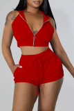 Red Casual Solid Patchwork Zipper Hooded Collar Sleeveless Two Pieces