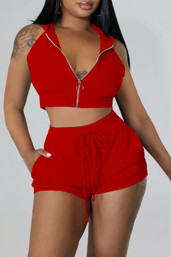 Red Casual Solid Patchwork Zipper Hooded Collar Sleeveless Two Pieces