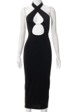 Apricot Sexy Solid Hollowed Out Halter Pencil Skirt Dresses