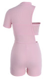 Pink Casual Solid Hollowed Out Patchwork O Neck Short Sleeve Two Pieces