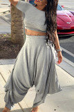 Grey Casual Solid Patchwork O Neck Short Sleeve Two Pieces