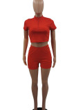 Red Casual Solid Patchwork Zipper Short Sleeve Two Pieces