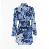 Blue Casual Print Patchwork Turndown Collar Waist Skirt Dresses