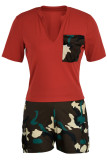 Red Casual Print Camouflage Print Patchwork V Neck Short Sleeve Two Pieces
