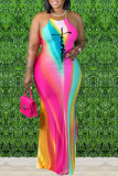Multicolor Fashion Sexy Print Backless Spaghetti Strap Long Dress