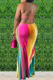 Multicolor Fashion Sexy Print Backless Spaghetti Strap Long Dress