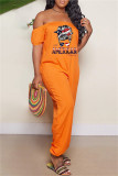 Green Fashion Casual Print Backless Off the Shoulder Regular Jumpsuits