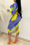 Blue Fashion Sexy Print Basic O Neck Long Sleeve Dresses