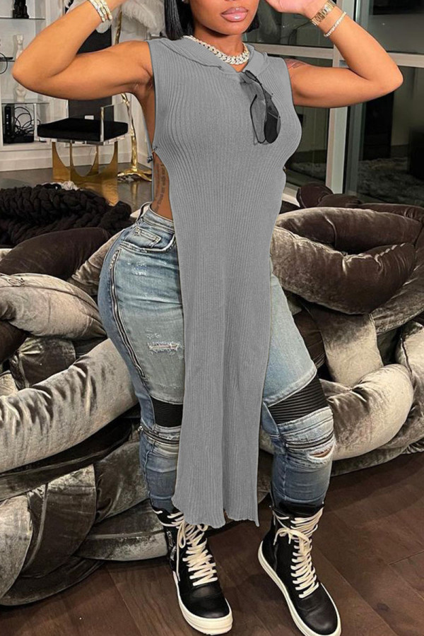 Grey Sexy Solid Hollowed Out Patchwork Slit Hooded Collar Straight Dresses
