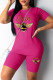Pink Fashion Casual Print Basic O Neck Short Sleeve Two Pieces