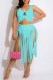 Water Blue Fashion Sexy Print Tassel U Neck Sleeveless Two Pieces