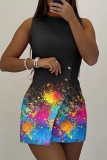 Pink Casual Print Patchwork Buttons O Neck One Step Skirt Dresses