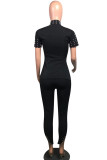 Black Casual Solid Patchwork Slit Beading Half A Turtleneck Short Sleeve Two Pieces