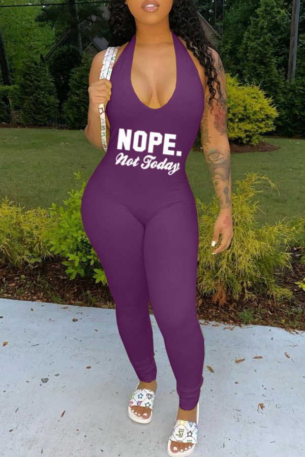 Purple Fashion Casual Letter Print Backless Halter Skinny Jumpsuits