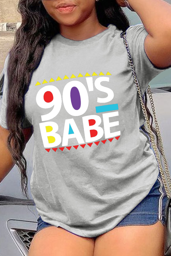 Grey Fashion Street Print Letter O Neck T-Shirts