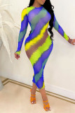 Blue Fashion Sexy Print Basic O Neck Long Sleeve Dresses