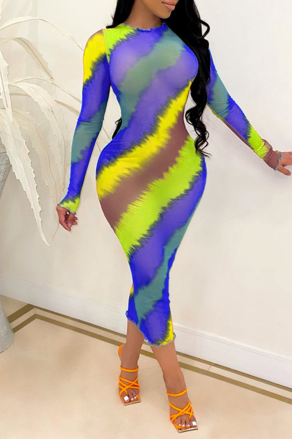 Royal Blue Fashion Sexy Print Basic O Neck Long Sleeve Dresses