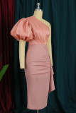 Pink Fashion Sexy Solid Patchwork Backless Oblique Collar Evening Dress