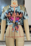 Red Blue Sexy Print Tassel Bandage Patchwork T-Shirts