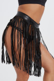 Black Fashion Sexy Solid Tassel Patchwork Regular High Waist Skirt