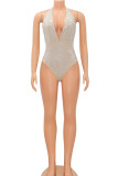 Apricot Sexy Solid Bandage Patchwork Backless Hot Drill Halter Regular Bodysuits