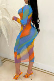 Blue Fashion Sexy Print Basic O Neck Long Sleeve Dresses