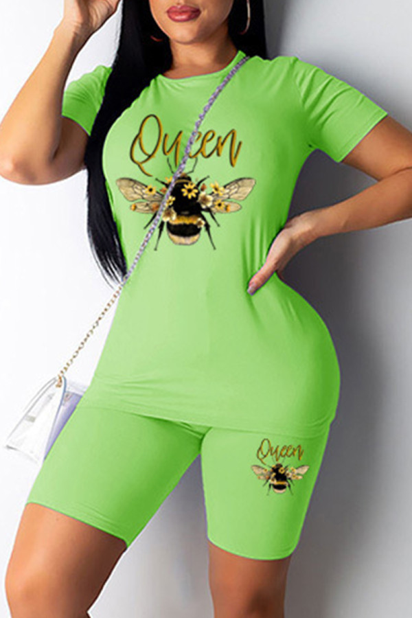 Green Fashion Casual Print Basic O Neck Short Sleeve Two Pieces