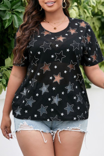 Black Fashion Casual Print The stars See-through O Neck Plus Size Tops