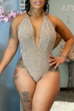 Apricot Sexy Solid Bandage Patchwork Backless Hot Drill Halter Regular Bodysuits