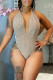 Apricot Sexy Solid Bandage Patchwork Backless Hot Drill Halter Regular Bodysuits