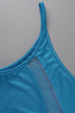 Light Blue Sexy Solid Patchwork See-through Oblique Collar Pencil Skirt Dresses