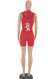Red Sexy Street Solid Bandage Patchwork Hooded Collar Sleeveless Two Pieces