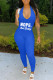 Blue Fashion Casual Letter Print Backless Halter Skinny Jumpsuits